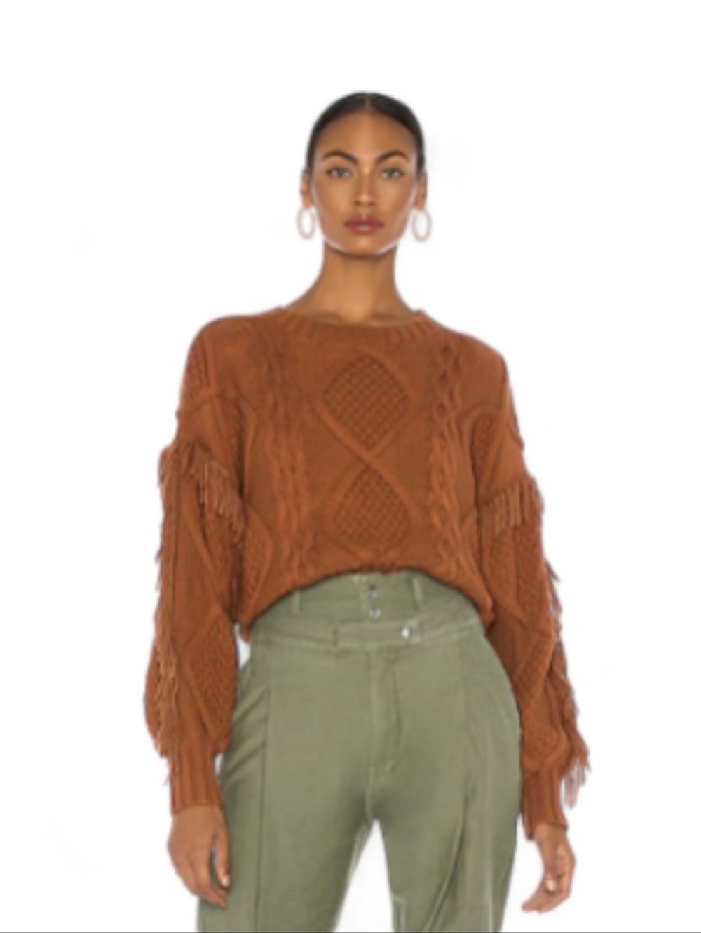 Jasper Fringe Cable Sweater Amber Brown Line & Dot x Revolve Anthropologie Sz XS